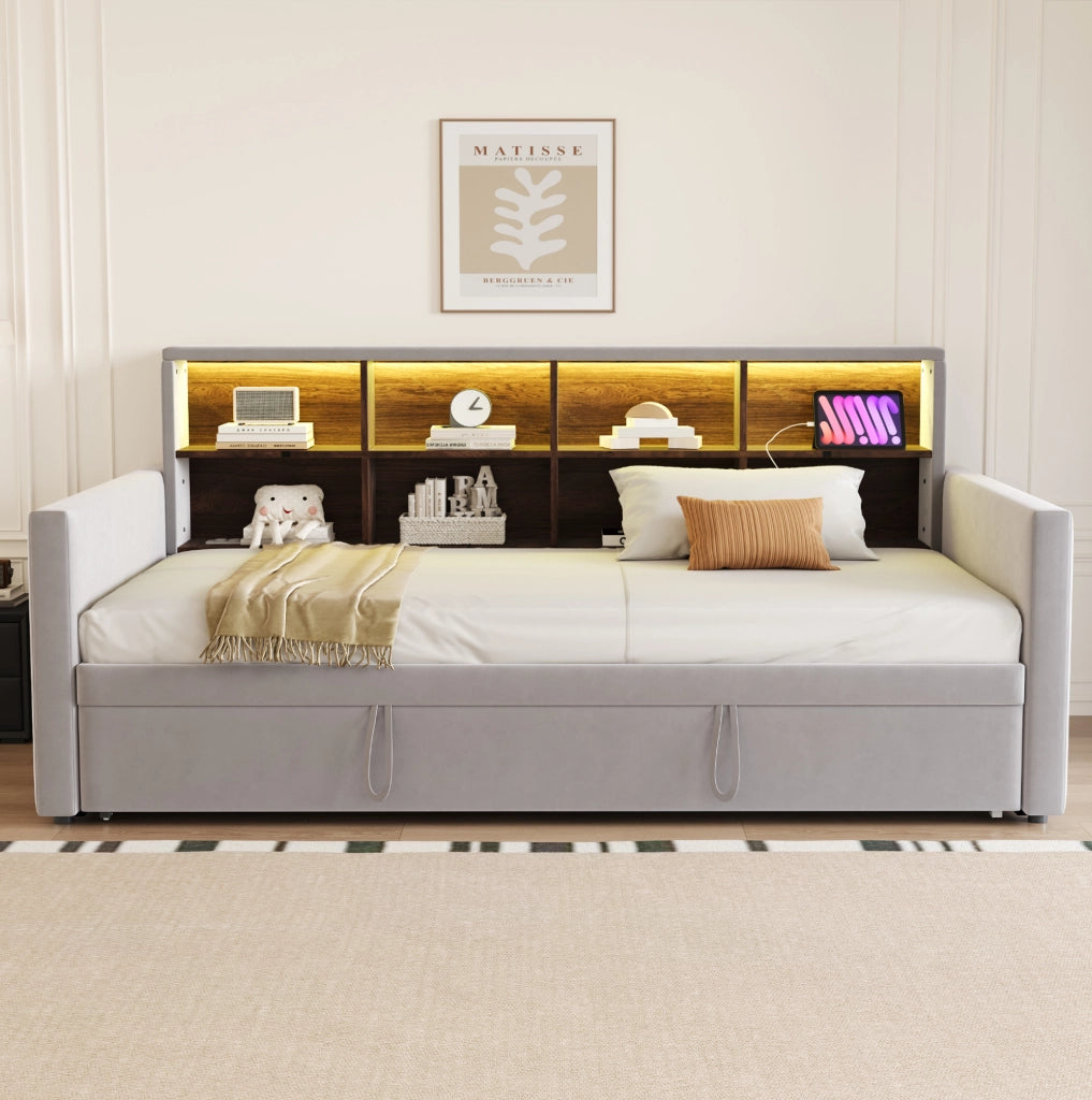 Letto imbottito estraibile 90x190 cm con LED e prese, grigio chiaro