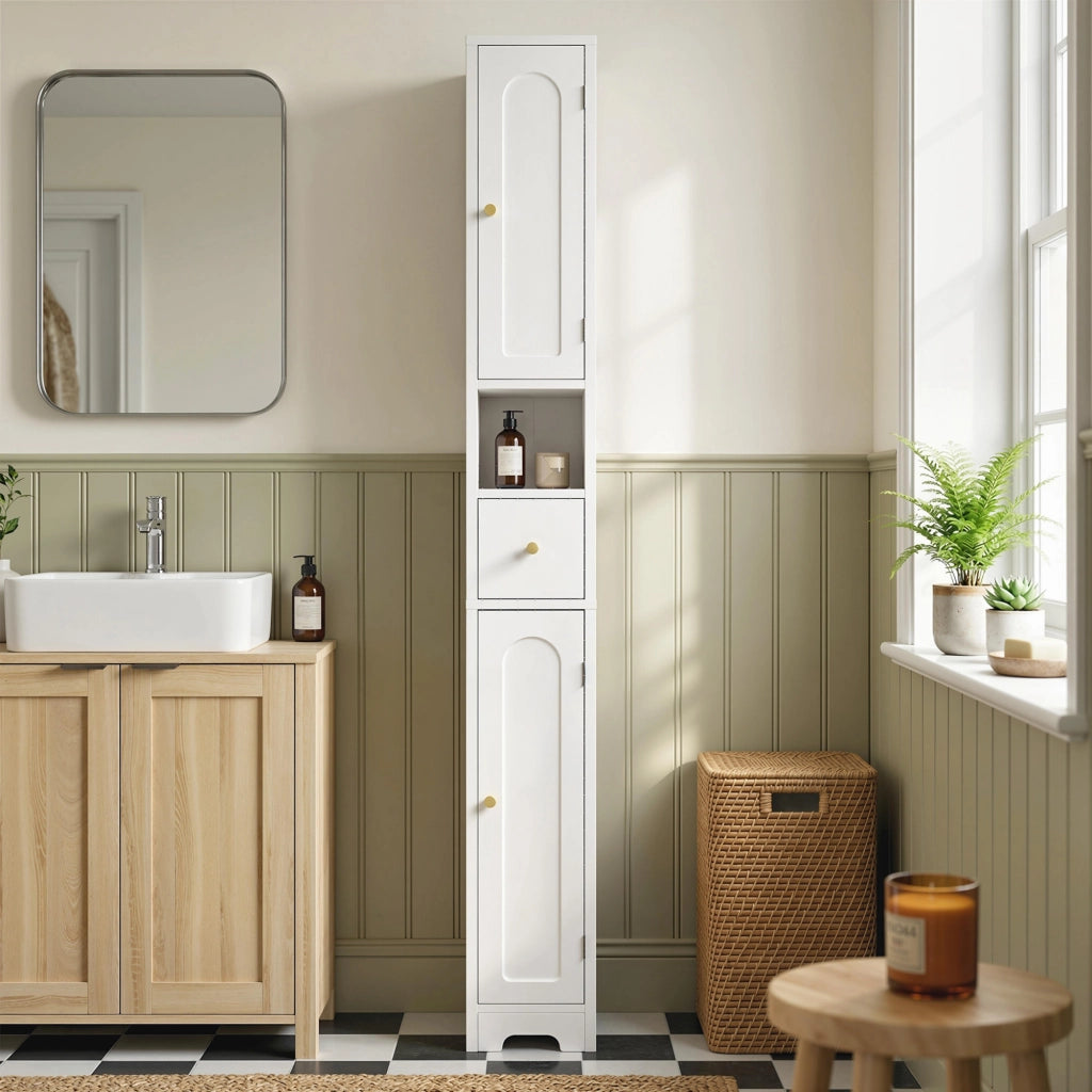 Armadietto Bagno Stretto con Cassetto Ante Curve Ripiano Regolabile ¨C Zephmum ¨C 20x20x185 cm Bianco