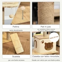 Albero Tiragraffi Multilivello con Casetta, Amaca, Scaletta e Corde in Juta, Rivestimento Peluche, 60x40x130cm, Giallo