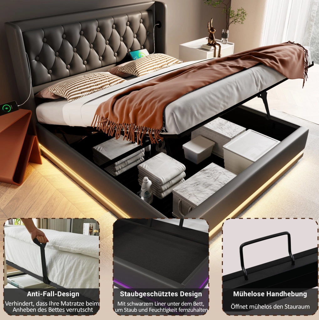 Letto matrimoniale contenitore 140x200 cm in PU nero con USB Type-C e LED