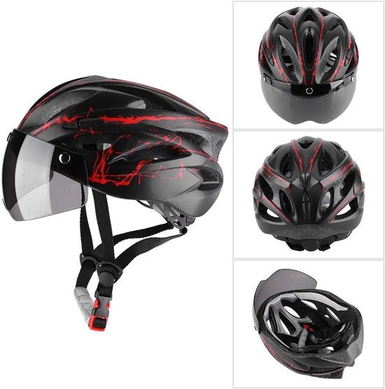Casco da mountain bike per adulti, protezione completa 360°, accessorio leggero per bicicletta con visiera di sicurezza, colore rosso, alta qualità.