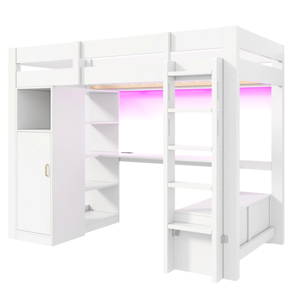 Letto a soppalco 90x200 cm con scrivania, armadio e LED in legno di pino e MDF bianco