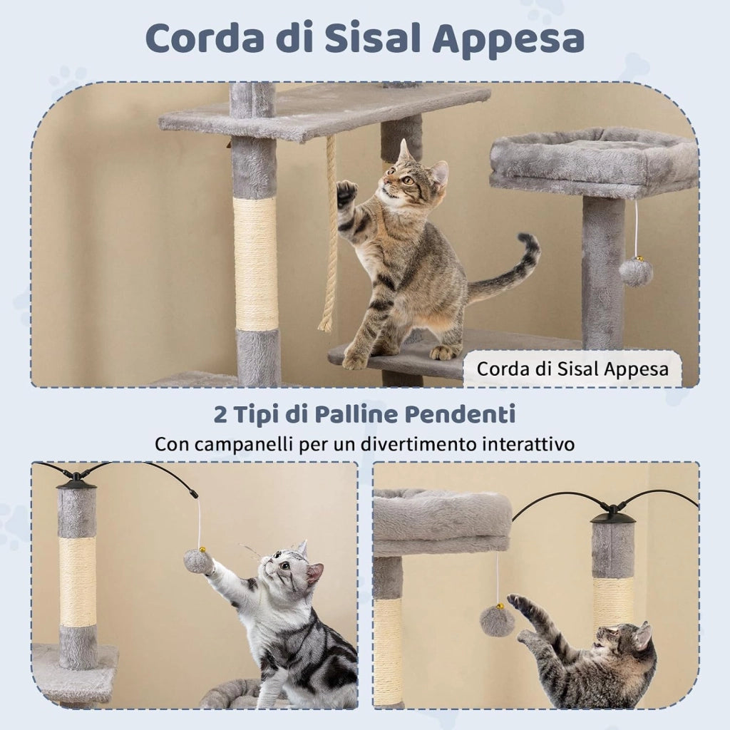 Albero per Gatti Alto 136 cm, Tiragraffi per Gatti da Interno con Tiragraffi, Rampa, 2 Posatoi Imbottiti, Ampio Condo, Palline Pendenti, Corda Appesa e Piattaforma Multilivello (Grigio Chiaro)