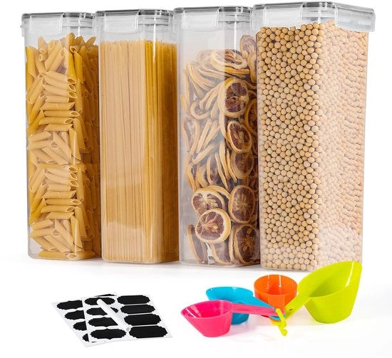 Set di conservazione a 2,8L, lattine a vuoto, set da 4, contenitori per cereali e conservazione alimenti, plastica BPA-free, a vuoto, contenitore per alimenti secchi con 24 etichette per cereali, farina e muesli.