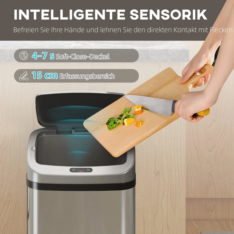 BIDONE PORTARIFIUTI CON SENSORE 48 L 33x25x69 cm Acciaio inox Argento