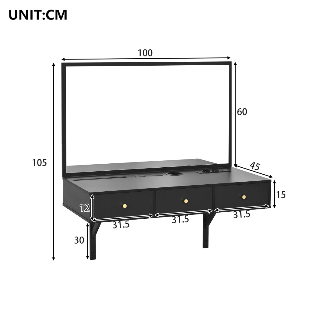 Toeletta con specchio; 3 cassetti; prese integrate e supporto tablet; nero; 100 × 105 × 45 cm
