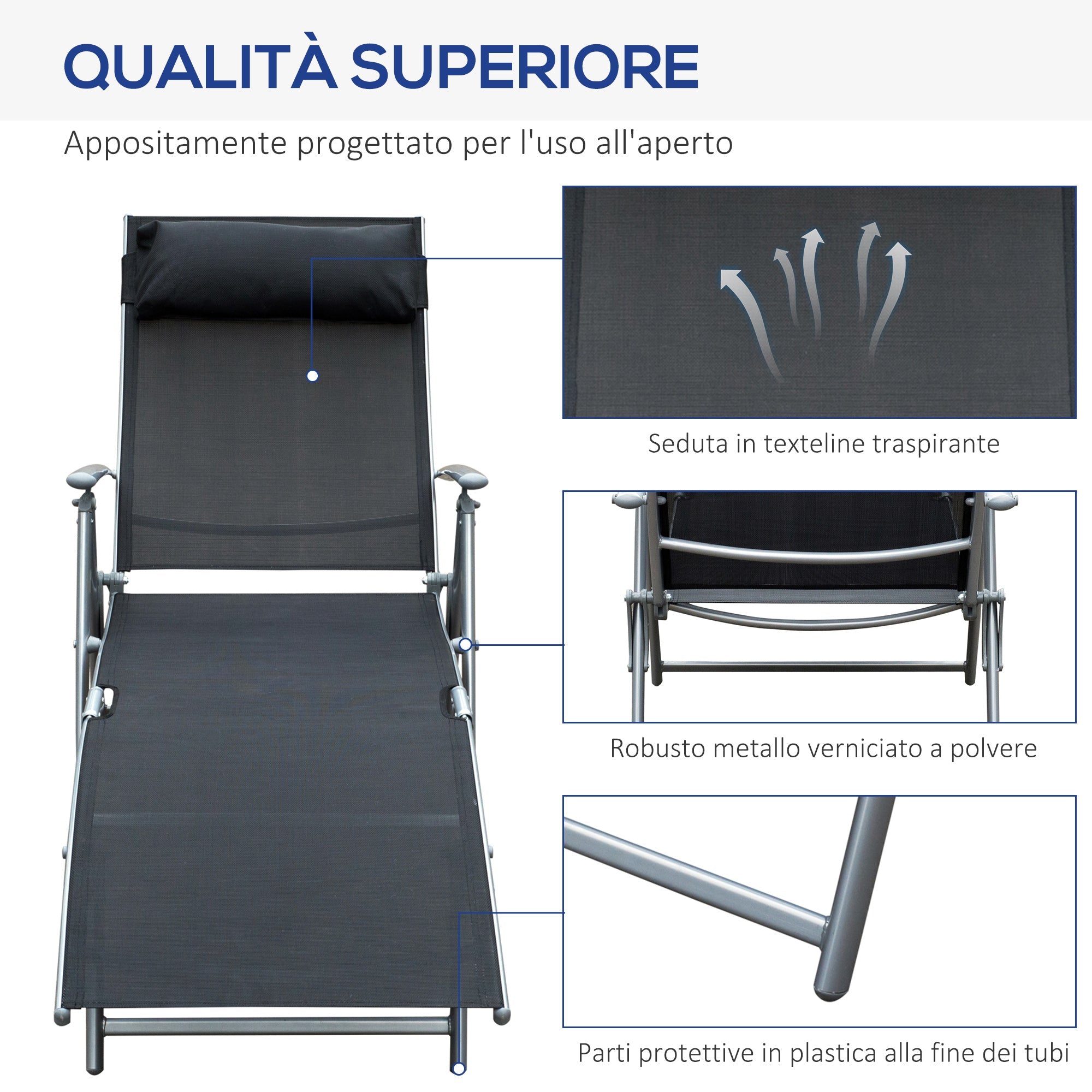 Sdraio Prendisole Relax Reclinabile Pieghevole in Metallo 137x63.5x100.5 cm Nero