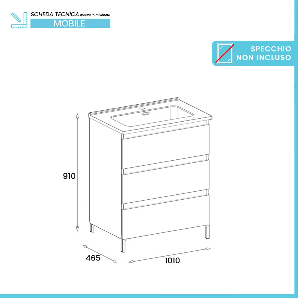 Mobile bagno a terra 100 cm in quercia bianca con lavabo Leda