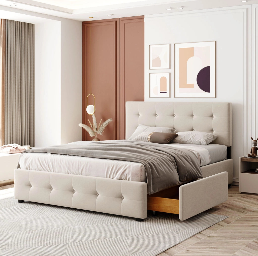 Letto imbottito con 4 cassetti e struttura robusta