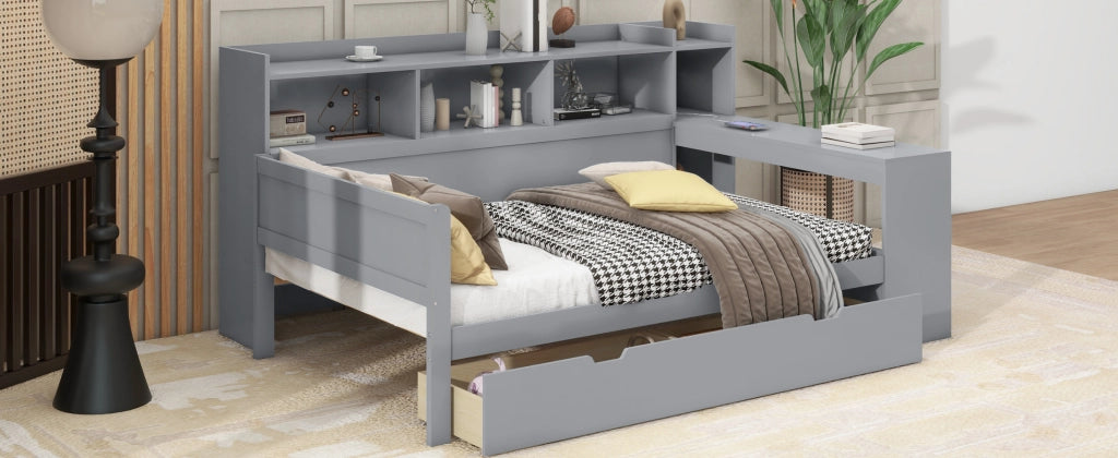 DESMIU Letto a banquette 90 × 200 cm 1 posto con USB, presa, 2 cassetti e scrivania, senza materasso, grigio