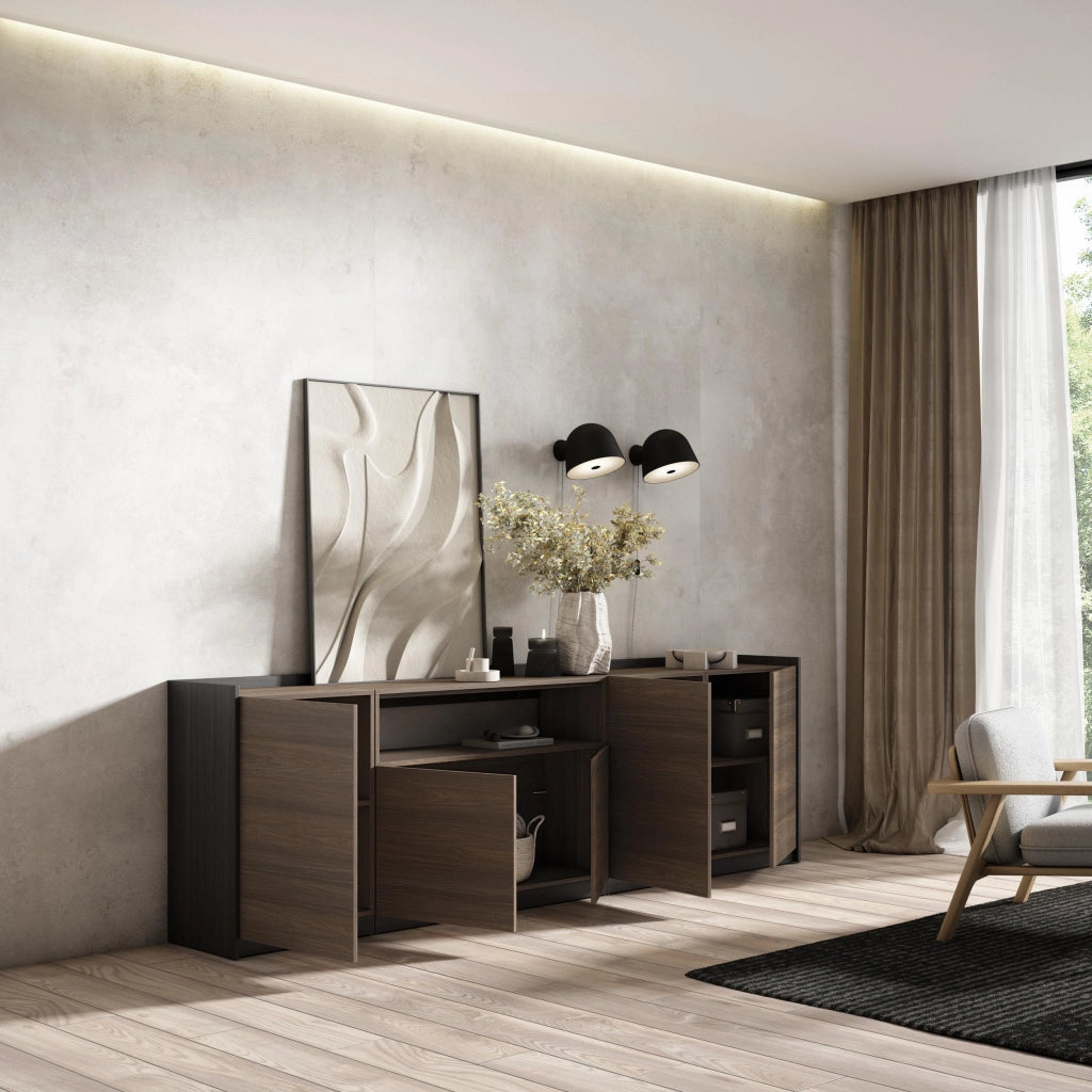 Credenza, Mobile, Cucina, 260x80x37 cm, 5 Porte, grande stoccaggio, Rovere scuro e Nero