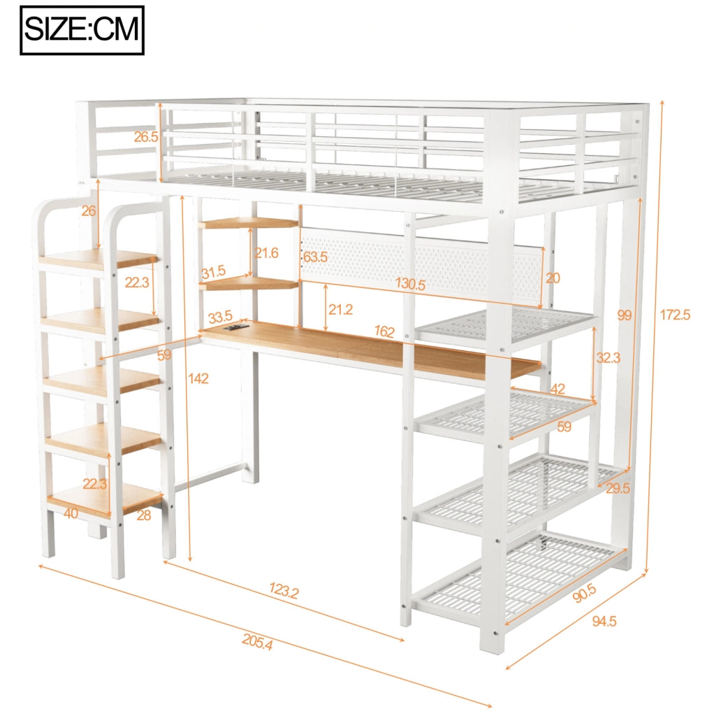 Letto a soppalco multifunzione 90x200 cm; LED multicolore; scrivania e prese integrate; bianco