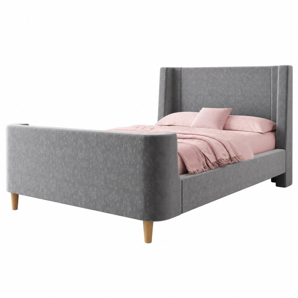 Letto a slitta per bambini 90x200 cm in velluto, con motivo spaziale, grigio, senza materasso