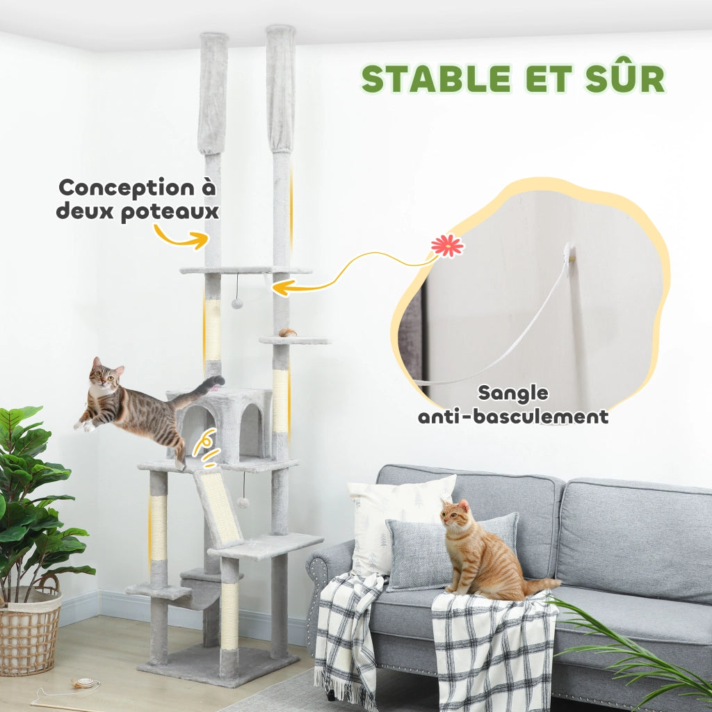 Tiragraffi per gatti a torre ¨C zephmum ¨C grigio chiaro 225-255 cm 6 livelli con nicchia e amaca