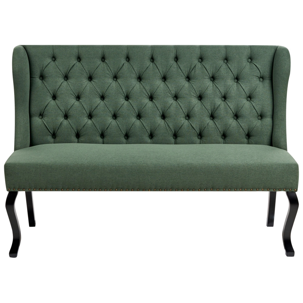 Divano da cucina a 2 posti con schienale in tessuto in poliestere verde con gambe nere stile vintage