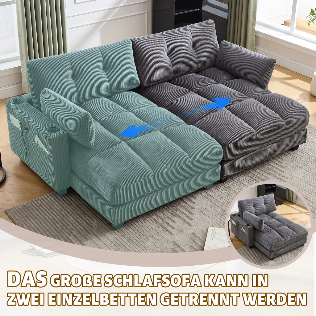Divano modulare 2 posti in tessuto corduroy con 4 portabicchieri, 4 tasche laterali, porte USB e cuscini grigio