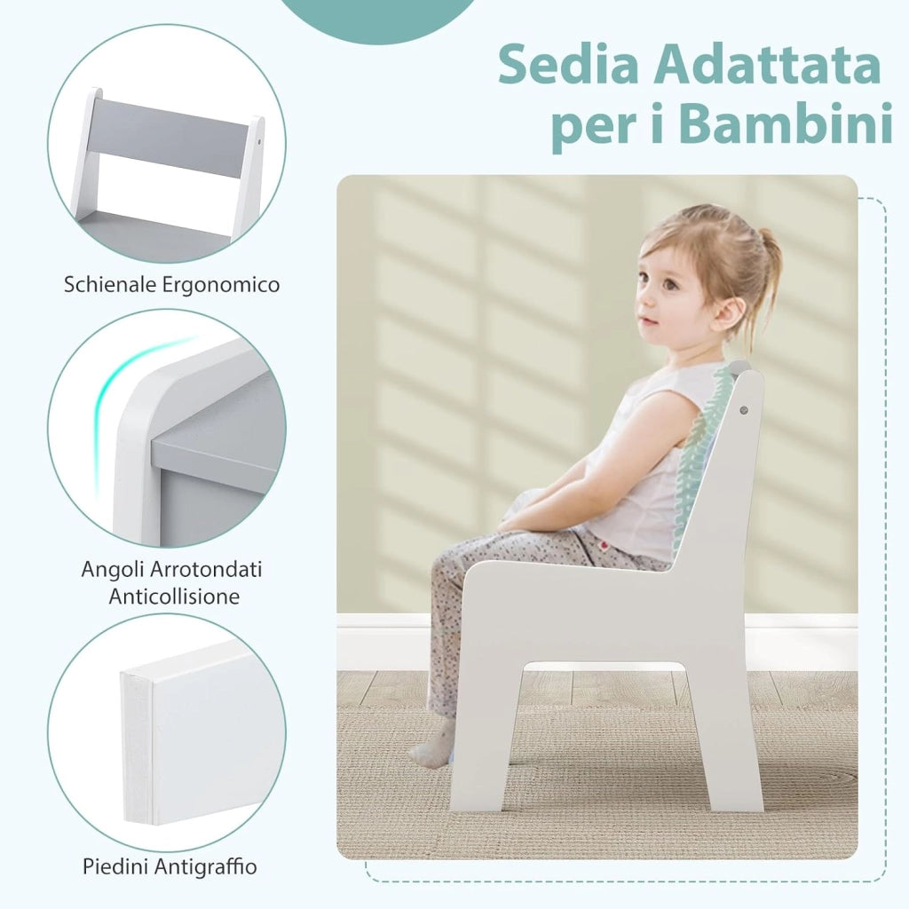 Set Tavolo e Sedia per Bambini 2 in 1, Set con Scrivania e Sedia in Legno per Bambini con Piano Rimovibile, Spazio di Archiviazione e Porta Rotolo di Carta per Aula e Cameretta (Grigio+Bianco)