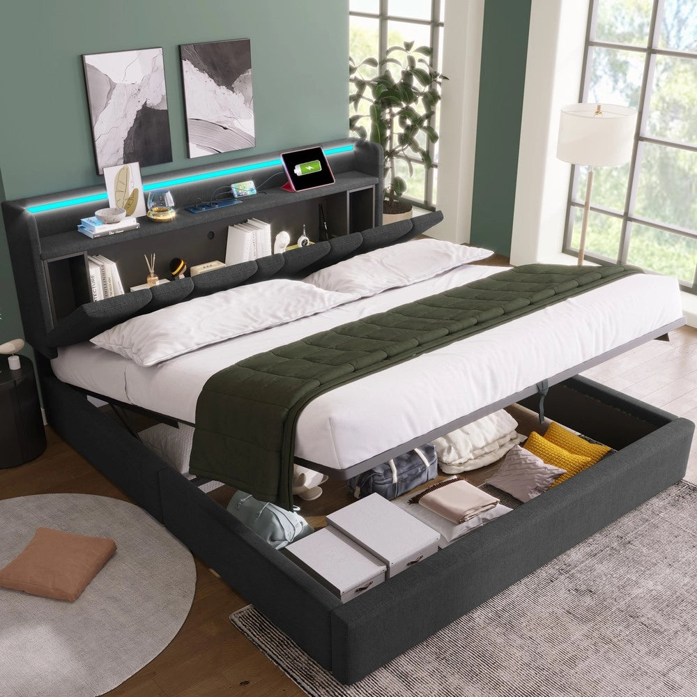Letto Imbottito Contenitore 140x200 ¨C MINIMAL ¨C Grigio, LED, USB, Doghe in Legno
