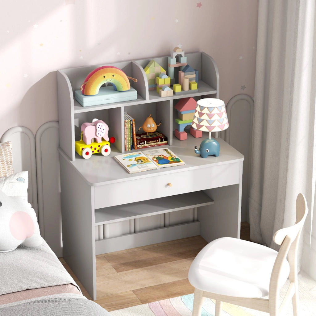 Scrivania in legno per bambini con mensola e cassetto spazio di stoccaggio, Tavolo da scrittura per lettura 80x48x102cm Grigio chiaro