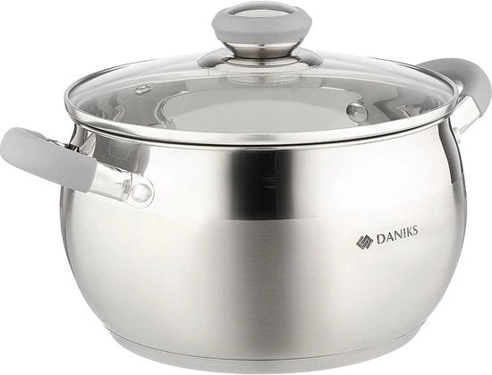 Pentola da Cottura in Acciaio Inox con Coperchio in Vetro e Marcatura Interna dei Livelli - Adatta per Induzione (4L, Ø 20 cm)