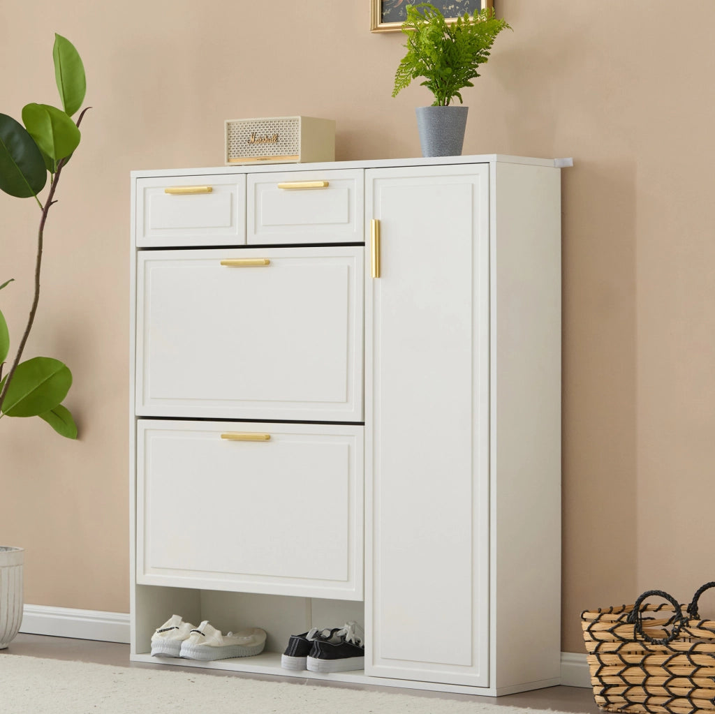 Scarpiera 95x24x107.5 cm con cassetti e ripiani regolabili; pannello truciolare bianco