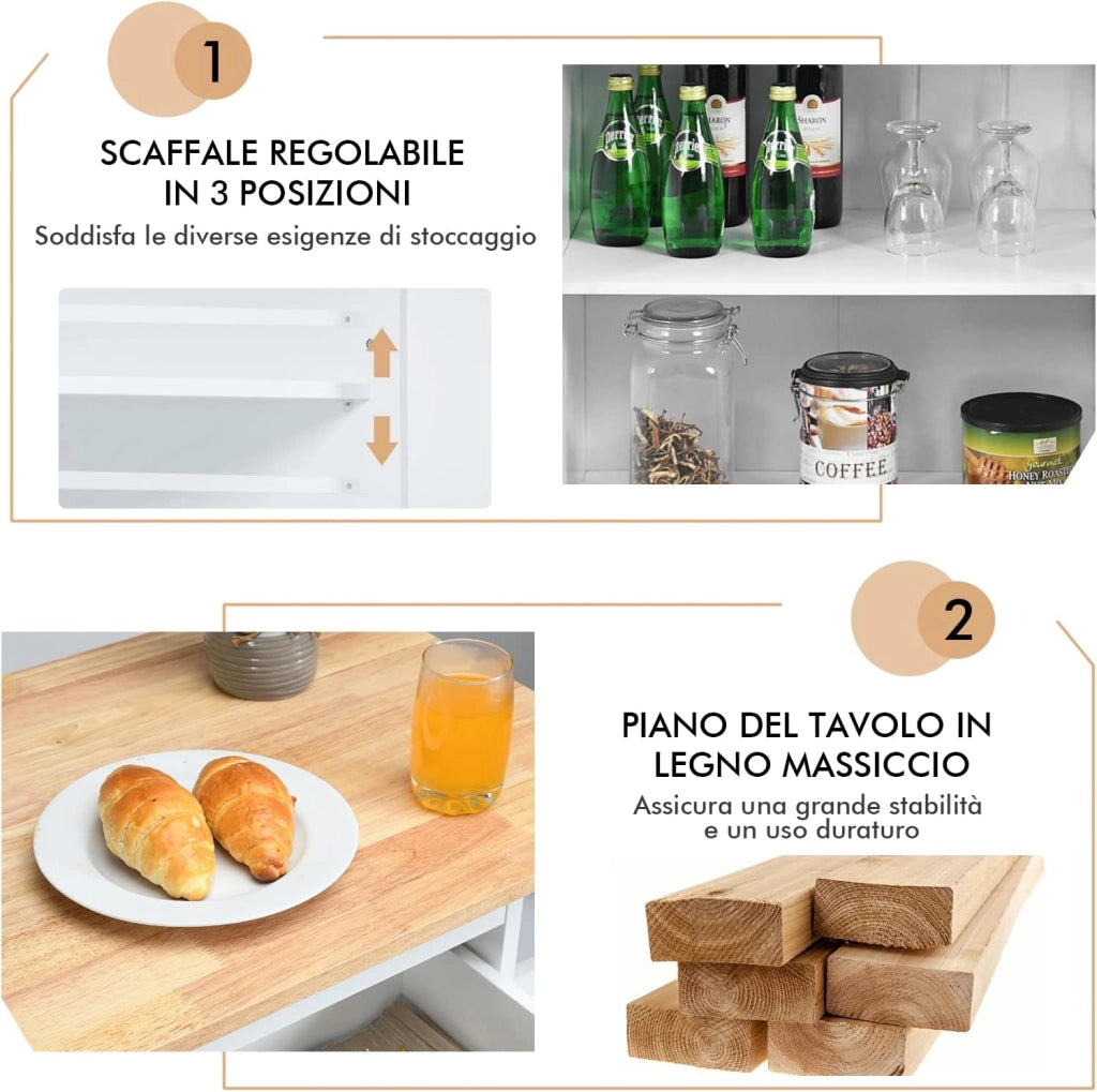 Carrello di Servizio Cucina con Ruote, 2 Cassetti e Portaspezie, Portasciugamani e 2 Porte, Ideale per Casa Ristorante e Bar, MDF + legno di gomma 88x45x89,5 cm (Bianco)