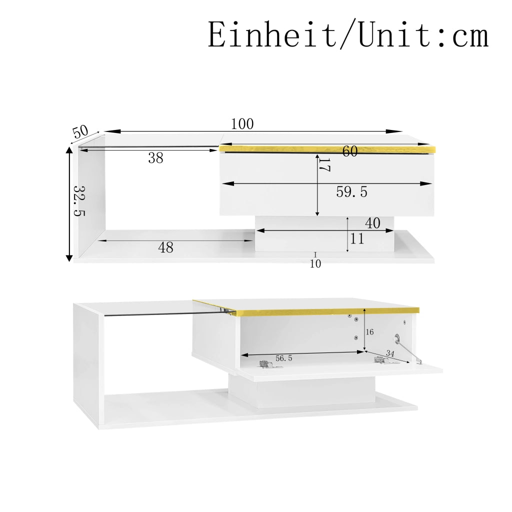 Tavolino da salotto con 1 vano contenitore e 2 ripiani aperti; LED dimmerabile 16 colori; 100 × 50 × 32.5 cm