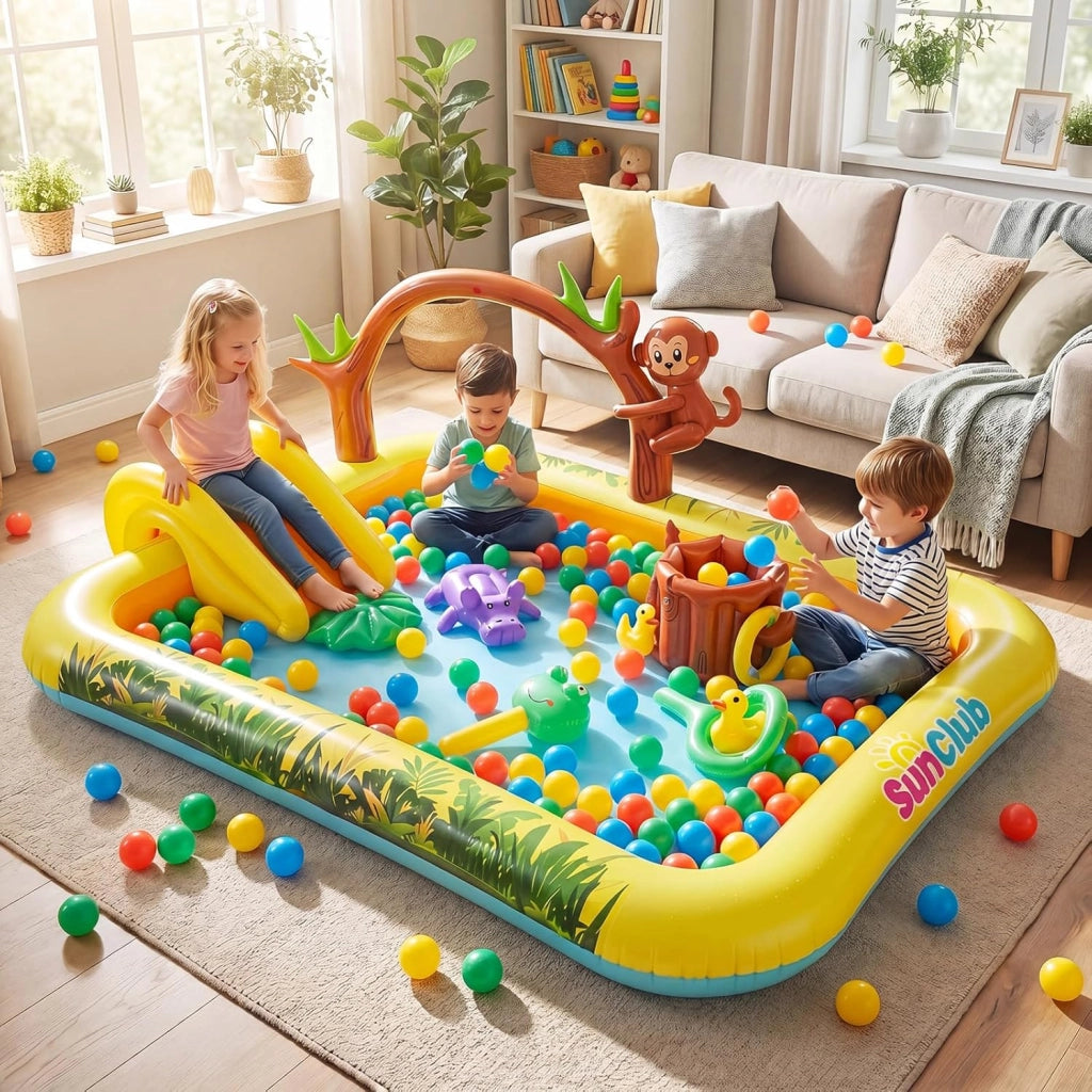 Piscina Gonfiabile per Bambini, Piscinetta Fuori Terra con Scivolo, Giocattoli di Scimmia, Ippopotamo e Anatra, Parco Gioco Acquatico Esterno per Giardino e Cortile, per Bambini 2-6 Anni