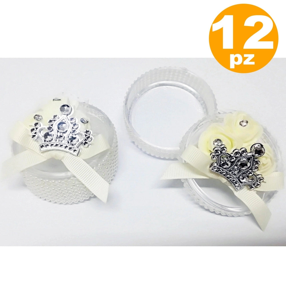 Trade Shop - Set 12 Bomboniere Scatola Corona Rosa Bianca Perle 6x3cm Portaconfetti Matrimoni -