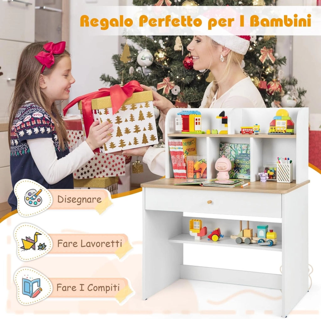 Scrivania in Legno 80 x 48 x 102 cm per Bambini 3+ Anni, Scrivania Cameretta Bambina con 5 Mensole, 1 Cassetto, Spazio di Lavoro e Angoli Arrotondati, Ideale per Studio e Disegno (Naturale)