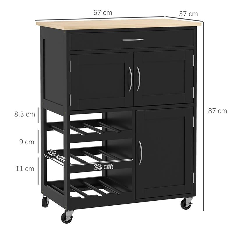 CARRELLO DA CUCINA IN LEGNO CON PORTABOTTIGLIE 3 ANTE E CASSETTO 67X37X87 CM NERO E ROVERE