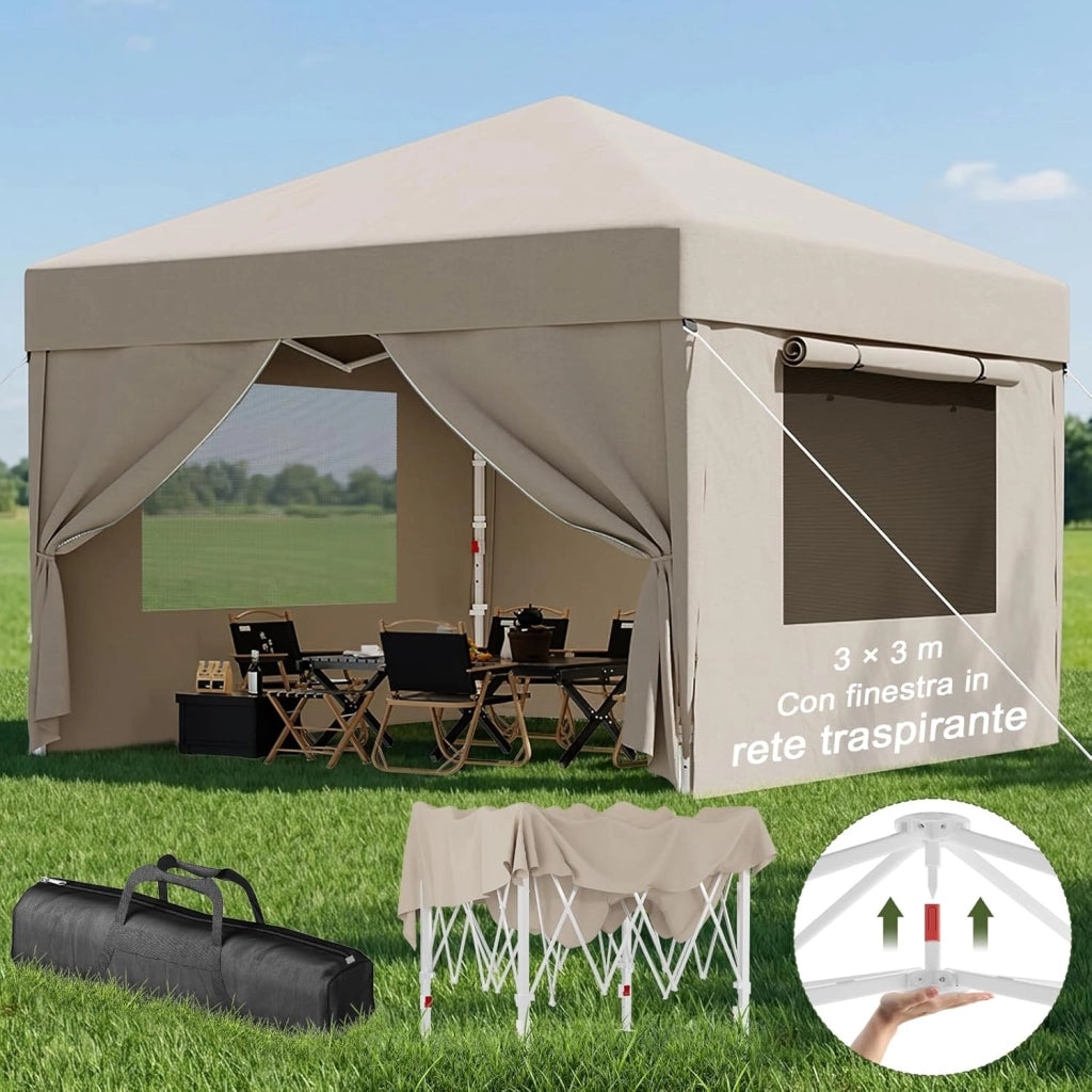 Gazebo Pieghevole con Finestra a Rete Aerata, Gazebo 3x3 Impermeabile Stabile Invernale, Gazebo Pop Up con Pareti Laterali, Protezione UV 50+, Tenda da Festa per Giardini, Campeggio (Beige)