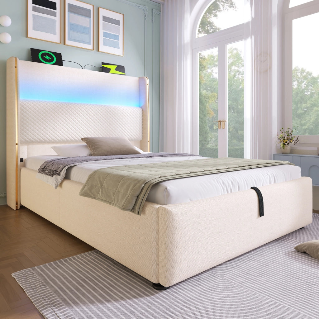 LETTO Contenitore idraulico 90x200 cm con materasso incluso, testiera alta Beige