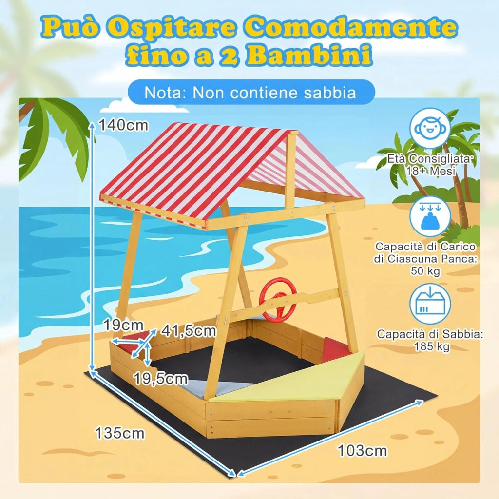 Sabbiera per Bambini in Legno Massello, Sabbionaia con Tetto Parasole, Panca Sedile e Fodera, Forma di Barca, per Esterno, Spiaggia, Cortile e Giardino, 135x103x140 cm