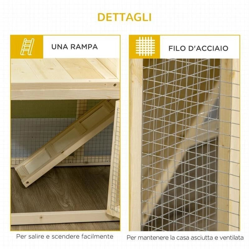 CONIGLIERA PER INTERNO IN LEGNO D'ABETE CON VASSOIO ESTRAIBILE, 3 PORTE E AREA ESTERNA, 151.5X106X97 CM