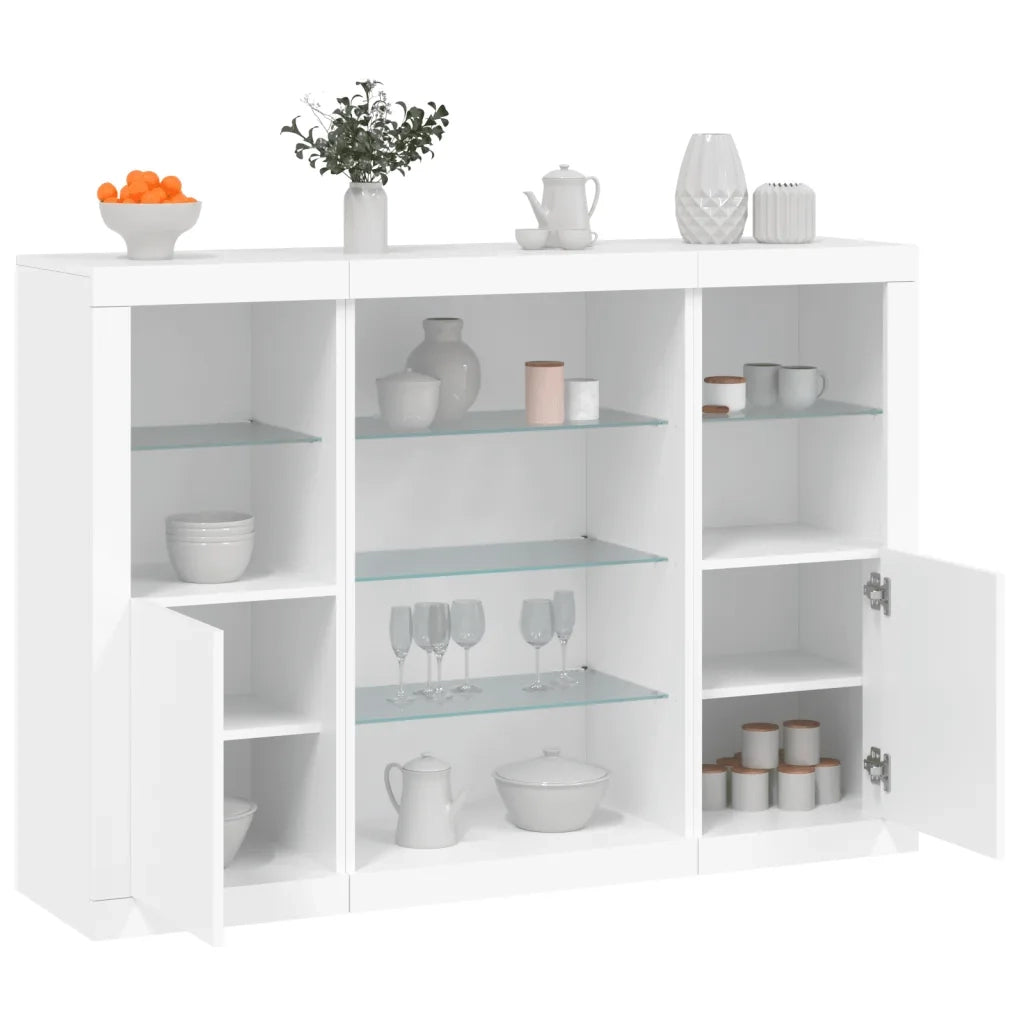 Credenze con Luci LED 3 pz | Madia | Buffet da pranzo | Armadio da pranzo Bianche in Legno Multistrato