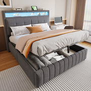 LETTO Imbottito 160x200 cm Grigio in lino con LED, USB e contenitore