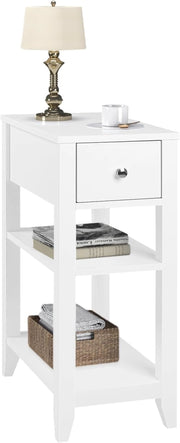 Comodino Alto e Stretto con 1 Cassetto e 2 Ripiani Aperti, Comodino per Camera da Letto, 45x28x66cm, Tavolino da caffè in Legno, Mobiletto Multiuso con Design Moderno, Bianco NTS02ws