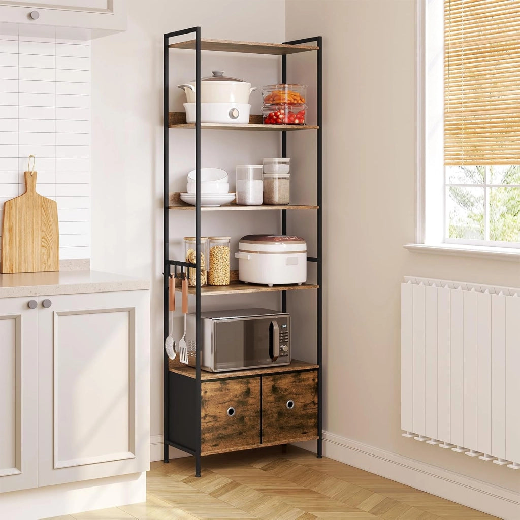 Libreria a 5 Piani con 2 Cassetti, Scaffale di Stoccaggio a Pavimento, Industriale, Struttura in Acciaio, Soggiorno/Ufficio/Studio/Cucina/Camera da Letto, Marrone Rustico+Nero, RGB62vbn
