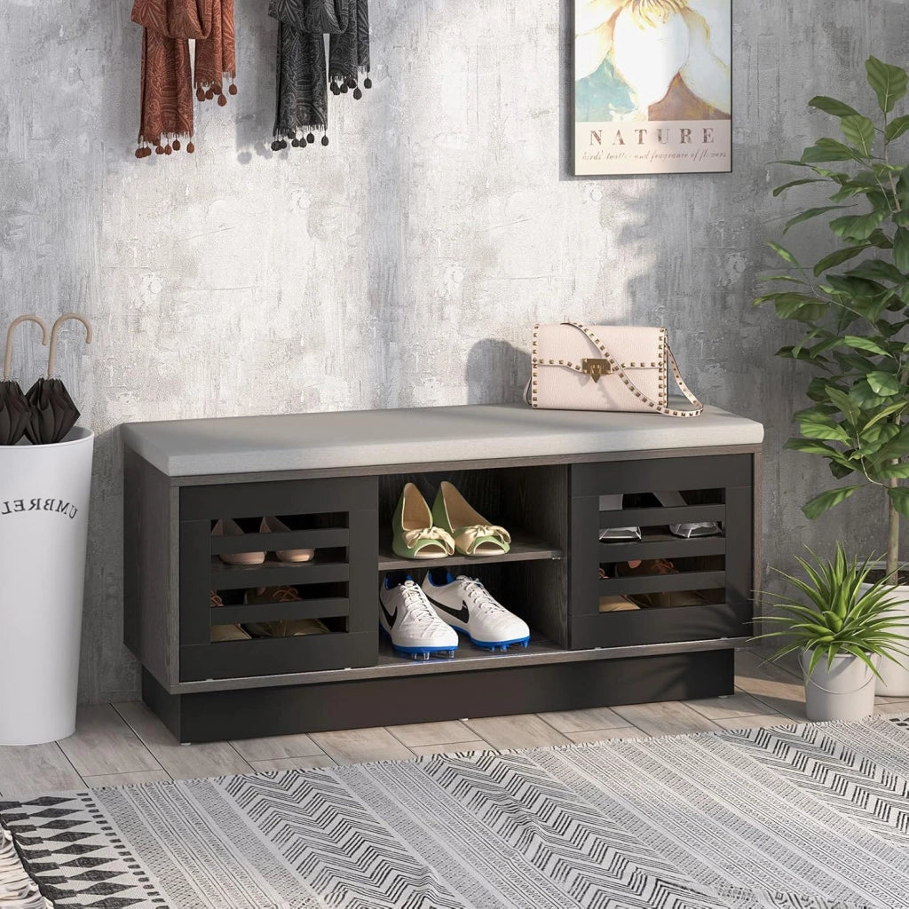 Panca Scarpiera con 6 Scomparti e 3 Ripiani Regolabili, Panca Porta Scarpe con Cuscino, Scarpiera con 2 Ante Scorrevoli, Mobile Scarpe per Ingresso, Soggiorno, 99,5 x 34,5 x 46 cm (Marrone)