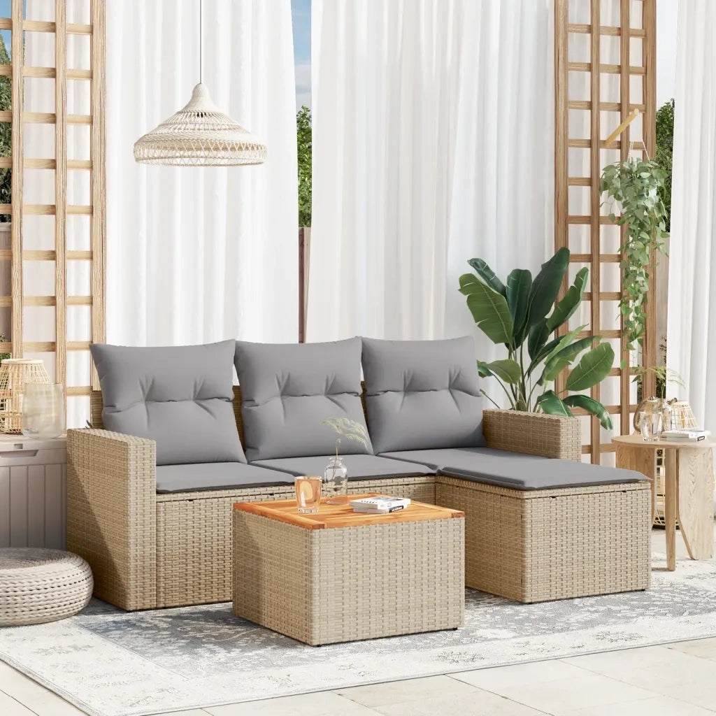 Set Divano da Giardino 5 pz | Set Salotto da Giardino con Cuscini Beige Misto Polyrattan