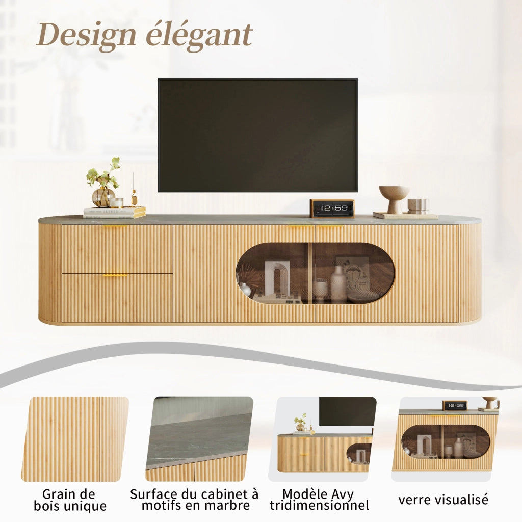 OKWISH Mobile TV con Vetrina Ovale in Vetro Grigio e Vani Chiusi, Stile Minimalista, per Soggiorno, MDF, 172 x 38 x 45.5 cm