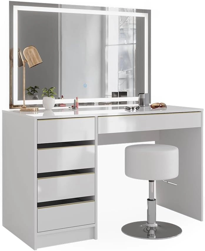 Vicco Tavolino da toilette Sherry, Bianco/Oro, 120 cm con specchio LED e sgabello, con illuminazione LED e sgabello imbottito