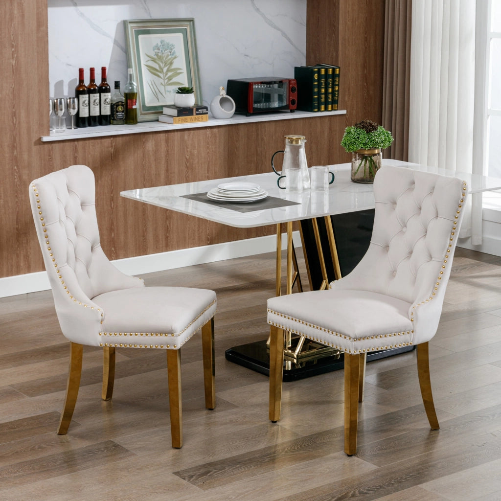 Sedie da Pranzo Imbottite in Velluto con Gambe Dorate ¨C MINIMAL ¨C Set 2 Pezzi, Beige e Oro