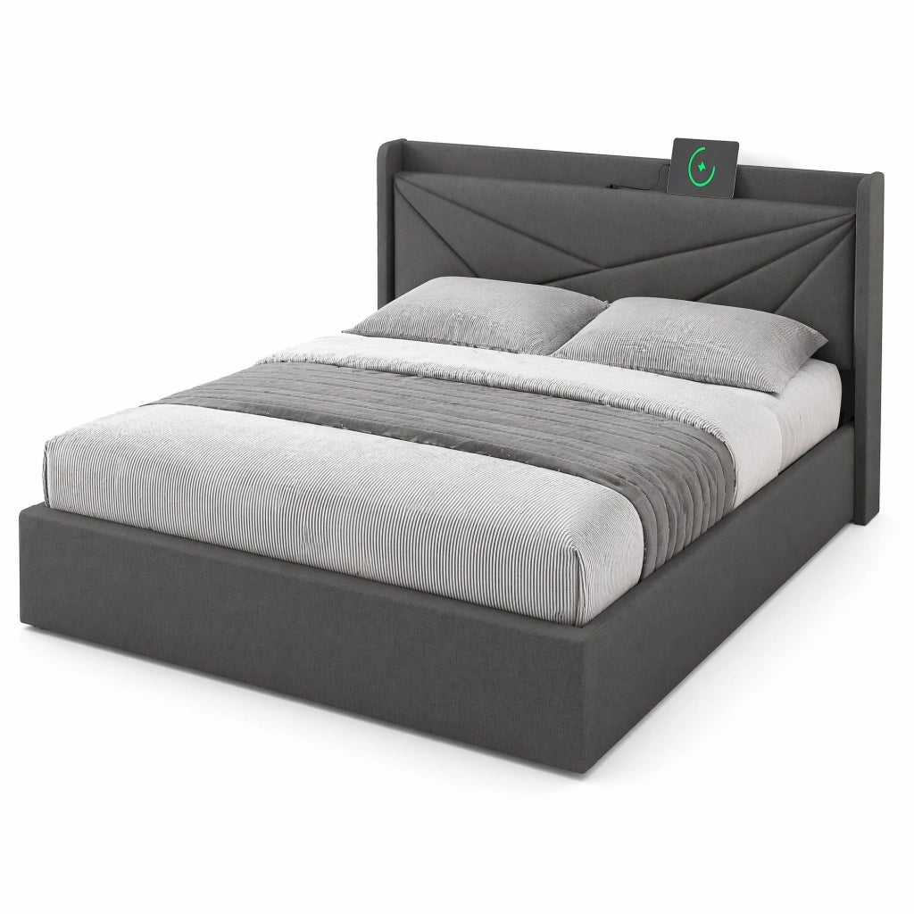 Letto matrimoniale 180x200 cm con contenitore; testiera con USB e Type-C; grigio in cotone e lino