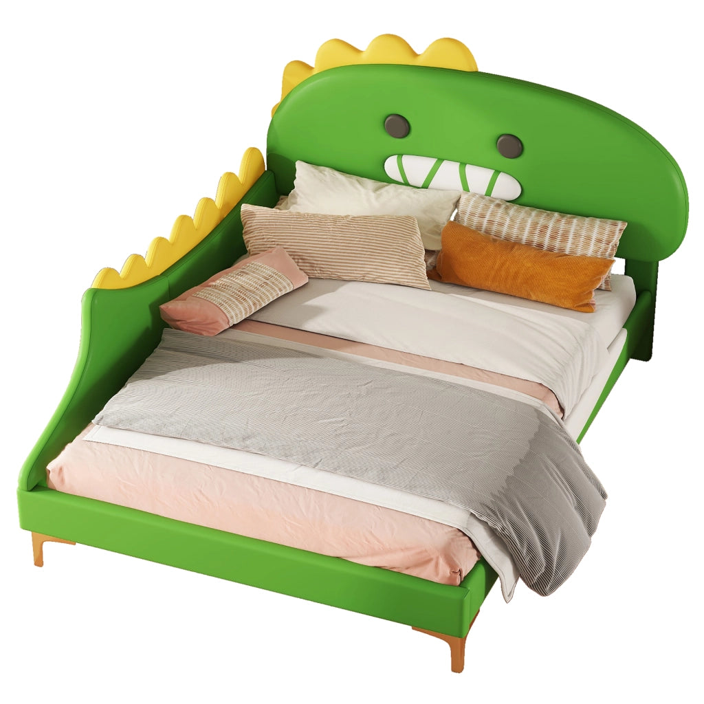 Letto basso per bambini verde con forma di dinosauro in PU 140x200 cm