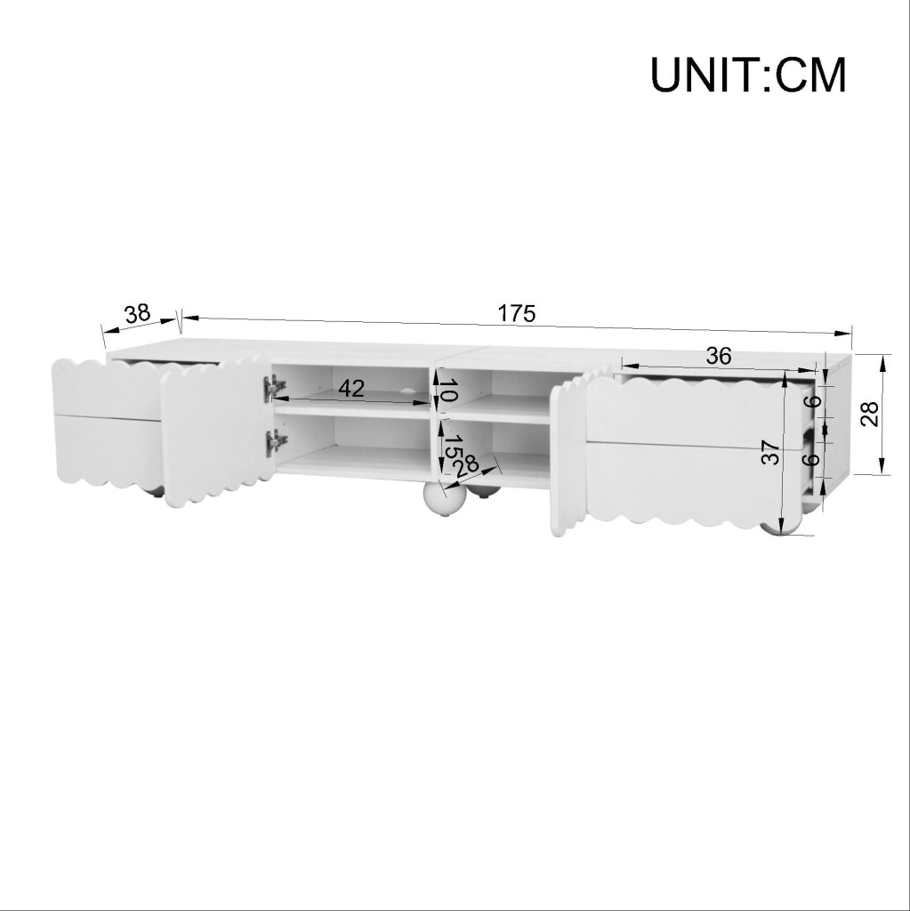 Mobile TV basso bianco 175 x 38 x 37 cm in MDF e pannello truciolare; con cassetti e ante