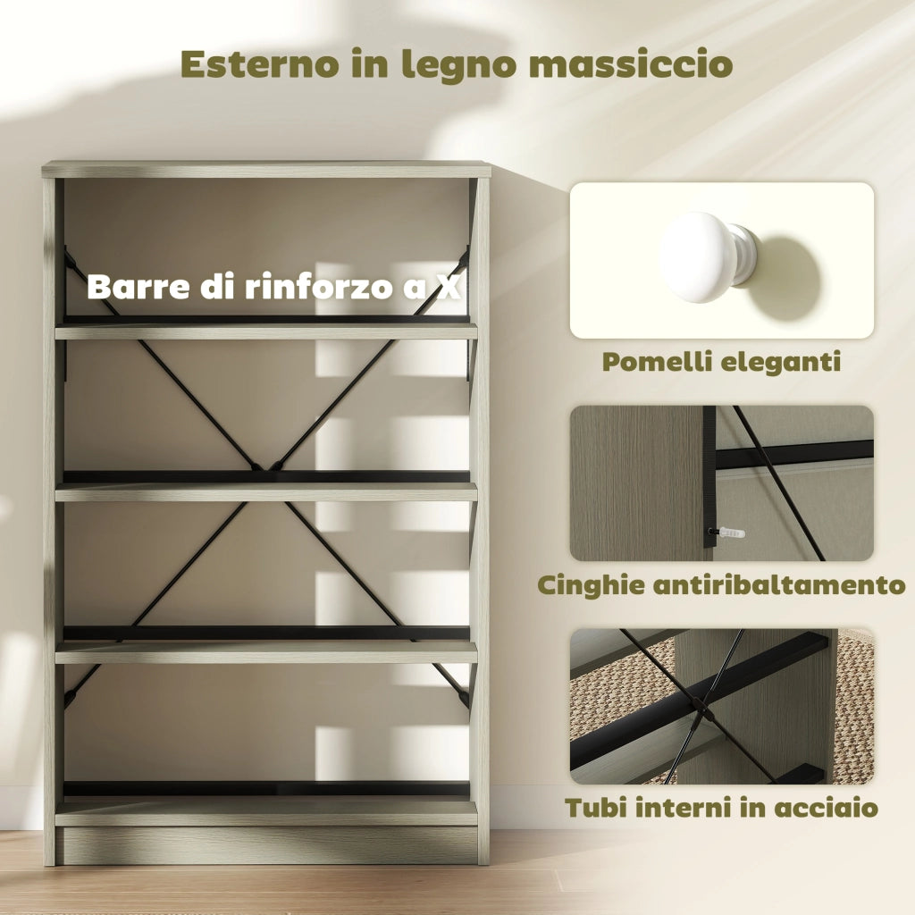 Cassettiera con 4 Cassetti in Tessuto 58x30x91 cm con Maniglie Doppie Struttura in MDF Bianco e Grigio