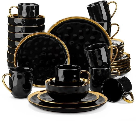 Servizio da Tavola in Poro di Lusso - 32 Pezzi - 8 Persone - Set da Tavola - Set da Tavola - Orlo d'Oro - Piatto da Dessert - Piatto da Pranzo - Bicchiere - Tazza - Nero