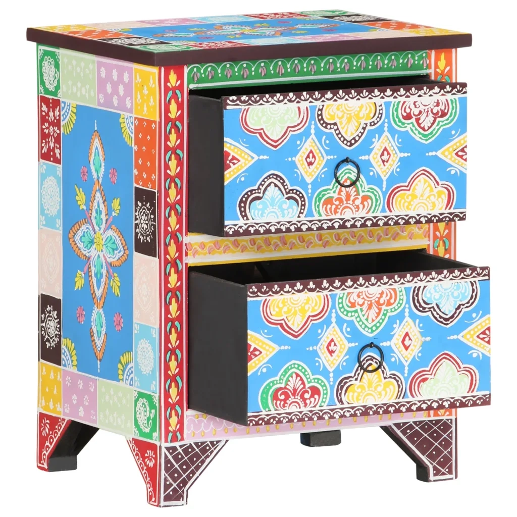 Comodino Dipinto a Mano-Tavolino da notte 40x30x50 cm in Legno Massello di Mango 447795